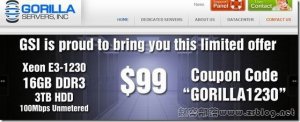 GorillaServers服務器$39/月-E3 1230/16G/120G SSD/30T/5IP